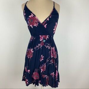 Aqua Navy Floral Sleeveless Wrap Dress XS